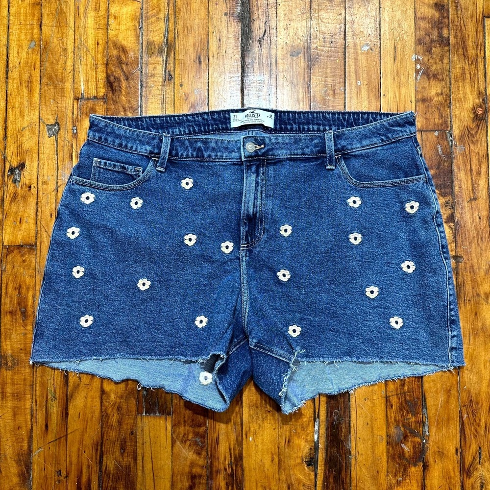 Hollister Mom Shorts Women's Size 21 Blue White Floral Denim Medium Wash Raw Hem